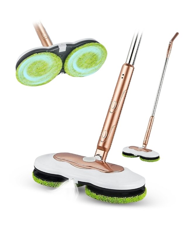 A cordless electric mop with a white body, golden accents, and green cleaning pads, displayed from multiple angles.